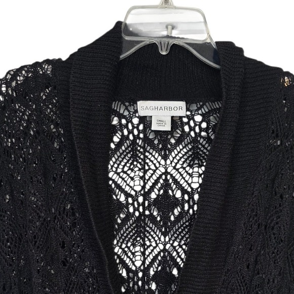 Sag Harbor Black Crochet Knit Short Sleeve Shawl Collar Cardigan Shrug Small - Picture 3 of 11